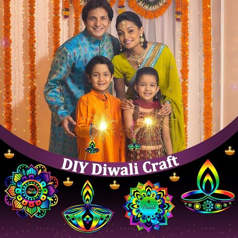 Arrowbash 80 Pcs Diwali Scratch Cards Rainbow Rangoli Mandala Scratch Paper Pads with Wooden Stylus for Indian Deepavali Decors Hanging Ornaments DIY Arts Craft Party Favors Kits in Saudi Arabia