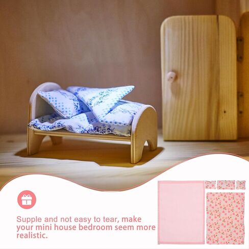 Pink Dollhouse Bedding Set, 1:12 Scale Miniature Bedroom Accessories, Includes 1 Bed Sheet, 1 Quilt, 3 Pillows, for Dollhouse Decor and Role-Playing in Saudi Arabia