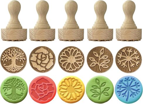 OLYCRAFT 5Pcs 5 Styles Plant Theme Wood Stamps with Handle 1.7x1.1 Inch Wooden Clay Stamp Set Wood Handle Pottery Tools Seals Small Mini Seal for Clay Card Making and Scrapbooking in Saudi Arabia