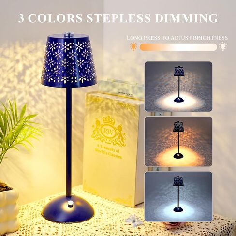 Gold Cordless Table Lamp, Touch Rechargeable Lamps for Nightstand Bedroom, Living Room, Portable Battery Operated Desk LED Lamp, 3 Color Dimmable, Flower Pattern Lampshades, for Patio, Dining in Saudi Arabia