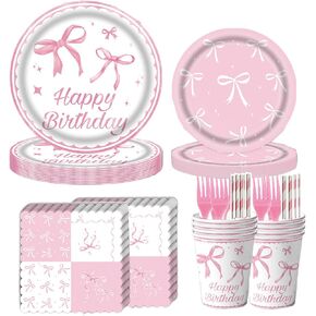 120Pcs Pink Bow Plates Pink Bow Party Decorations Bow Birthday Plates and Napkins cups straws Coquette Birthday Decorations Party plates Severs 20 in Saudi Arabia