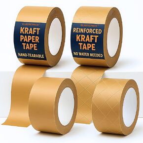 شريط تعبئة الورق متنوعة 4 عبوات - 2 معززة + 2 قابلة للارتقاء ، 1.9 "× 55 YD - شريط ختم الصندوق الذاتي للشحن الصغير بيز ، لا مطلوبة على شريط الأشرطة - قابلة للتحلل ، Kraft Brown in Kuwait