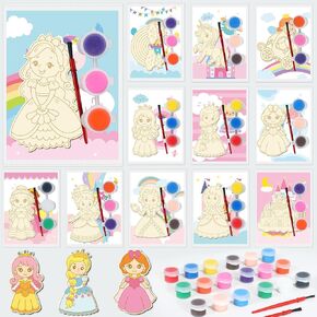 24Pcs Princess Party Favors Birthday Supplies Decorations-Cards with Art Crafts Castle Fairies DIY Wooden Painting Craft Kits Thank You for Coming Gifts Bulk Goodie Bags Stuffers Prizes for Kids Girls in Kuwait