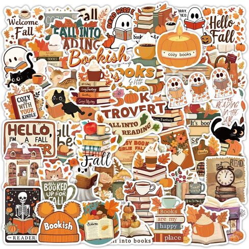 50pcs خريف القراءة حزمة ملصقات جمالية للأطفال الفتيات الفتيات ، عاشق الكتب ديكور الخريف مع القرع ، القطط ، القهوة ، الأشباح ، وقراءة الكتب شارات فينيل مقاومة للماء ، in Saudi Arabia