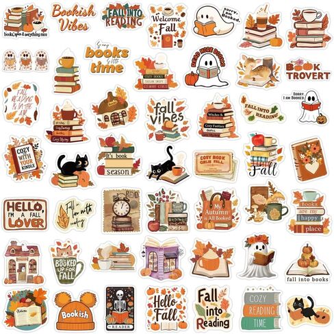 50pcs خريف القراءة حزمة ملصقات جمالية للأطفال الفتيات الفتيات ، عاشق الكتب ديكور الخريف مع القرع ، القطط ، القهوة ، الأشباح ، وقراءة الكتب شارات فينيل مقاومة للماء ، in Saudi Arabia