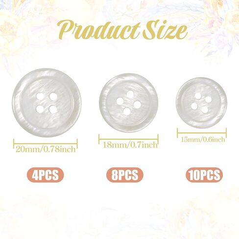 22pcs أزرار أم اللؤلؤ الزر بيضاء القشرة الطبيعية ذات الحرف اليدوية DIY بدلات السترة السترة (3 أحجام: 0.6 بوصة ، 0.7 بوصة ، 0.8 بوصة) in Saudi Arabia