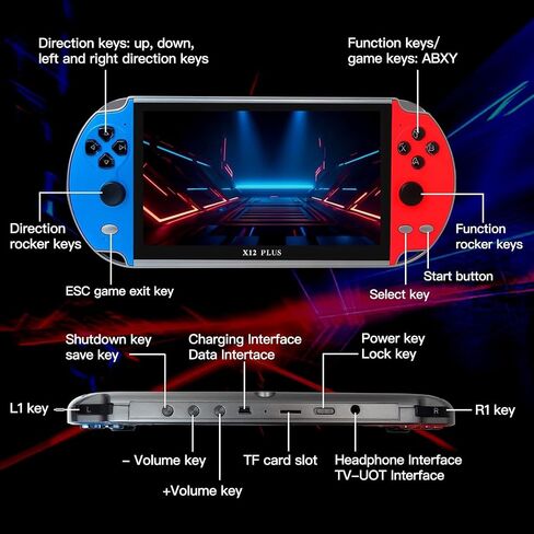 Built in 10000+ X12 Plus Gamepad 7" 16GB Portable Handheld Video Game Console Player (Classic Blue and Red) in Saudi Arabia