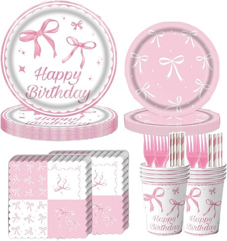 120Pcs Pink Bow Plates Pink Bow Party Decorations Bow Birthday Plates and Napkins cups straws Coquette Birthday Decorations Party plates Severs 20 in Saudi Arabia