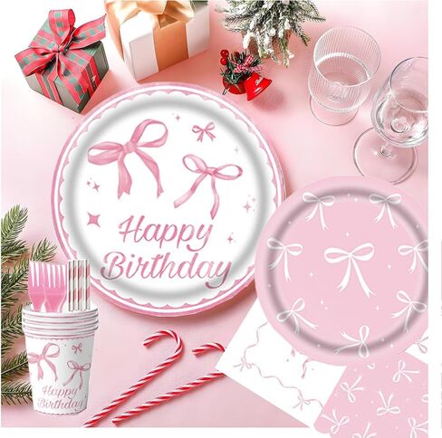 120Pcs Pink Bow Plates Pink Bow Party Decorations Bow Birthday Plates and Napkins cups straws Coquette Birthday Decorations Party plates Severs 20 in Saudi Arabia
