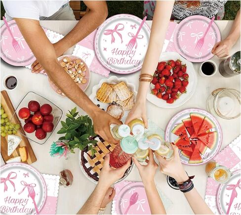 120Pcs Pink Bow Plates Pink Bow Party Decorations Bow Birthday Plates and Napkins cups straws Coquette Birthday Decorations Party plates Severs 20 in Saudi Arabia