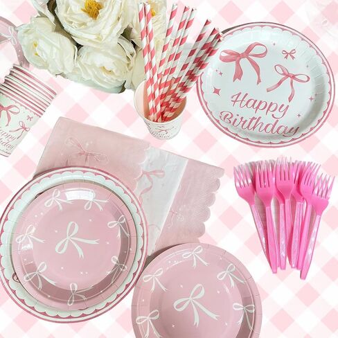120Pcs Pink Bow Plates Pink Bow Party Decorations Bow Birthday Plates and Napkins cups straws Coquette Birthday Decorations Party plates Severs 20 in Saudi Arabia