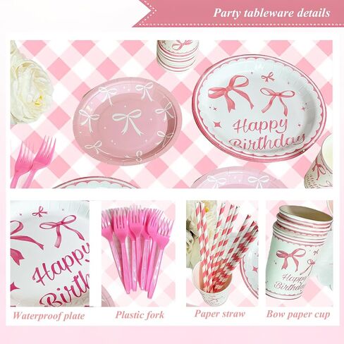 120Pcs Pink Bow Plates Pink Bow Party Decorations Bow Birthday Plates and Napkins cups straws Coquette Birthday Decorations Party plates Severs 20 in Saudi Arabia