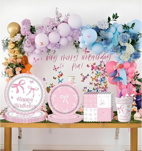 120Pcs Pink Bow Plates Pink Bow Party Decorations Bow Birthday Plates and Napkins cups straws Coquette Birthday Decorations Party plates Severs 20 in Saudi Arabia