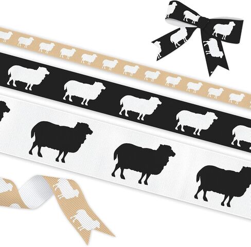 ykw sheep pattern grosgrain martbon set - 3 widths (3/8 "، 7/8" ، 1.5 ") × 5 ياردة لكل منها - شرائط صورة ظلية أسود ، أبيض وبيج للحرف اليدوية ، غلاف الهدايا ، زفاف وحفلات الحفلات in Kuwait