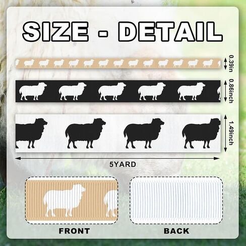 ykw sheep pattern grosgrain martbon set - 3 widths (3/8 "، 7/8" ، 1.5 ") × 5 ياردة لكل منها - شرائط صورة ظلية أسود ، أبيض وبيج للحرف اليدوية ، غلاف الهدايا ، زفاف وحفلات الحفلات in Kuwait