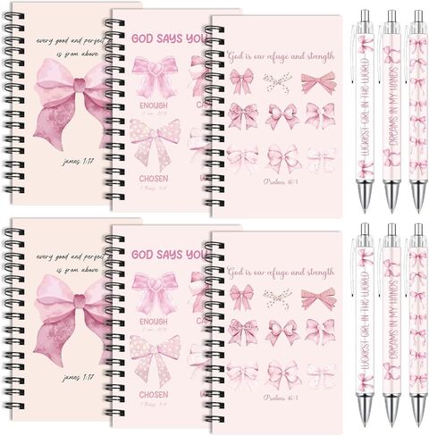 Wxiben Pink Bow Spiral Notebooks Set 12 Pieces Coquete Bow Journal with Inspirational Bible Ballpoint Pens Christian Scripture Prayer Hardcover Notebook Gifts for Women Office School Church Supplies in Saudi Arabia