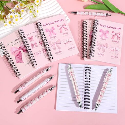 Wxiben Pink Bow Spiral Notebooks Set 12 Pieces Coquete Bow Journal with Inspirational Bible Ballpoint Pens Christian Scripture Prayer Hardcover Notebook Gifts for Women Office School Church Supplies in Saudi Arabia