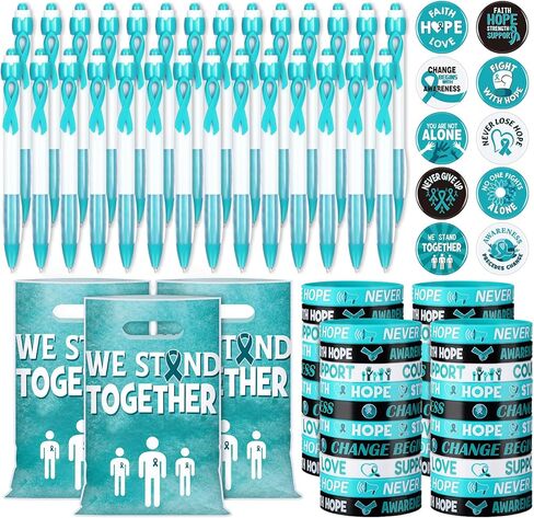 Supervitae 200 Pcs Cancer Awareness Accessories, Include 50 Multicolor Ribbon Gift Bags 50 Colorful Ribbon Wristband 50 Cancer Awareness Pen 50 Prevention Button Pins for Charity Gifts Supplies in Kuwait