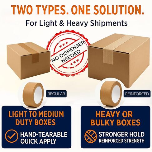 شريط تعبئة الورق متنوعة 4 عبوات - 2 معززة + 2 قابلة للارتقاء ، 1.9 "× 55 YD - شريط ختم الصندوق الذاتي للشحن الصغير بيز ، لا مطلوبة على شريط الأشرطة - قابلة للتحلل ، Kraft Brown in Kuwait