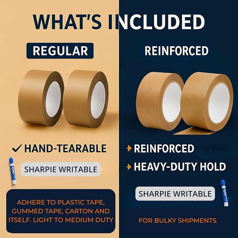 شريط تعبئة الورق متنوعة 4 عبوات - 2 معززة + 2 قابلة للارتقاء ، 1.9 "× 55 YD - شريط ختم الصندوق الذاتي للشحن الصغير بيز ، لا مطلوبة على شريط الأشرطة - قابلة للتحلل ، Kraft Brown in Kuwait