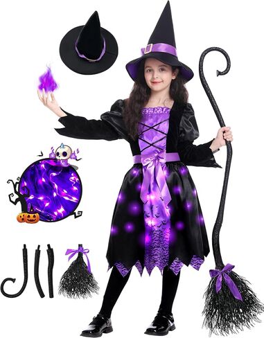 Light Up Halloween Girls Witch Costume, Toddler Witch Dress Set with Hat and Broom, Kids Costumes for Halloween Party in Saudi Arabia