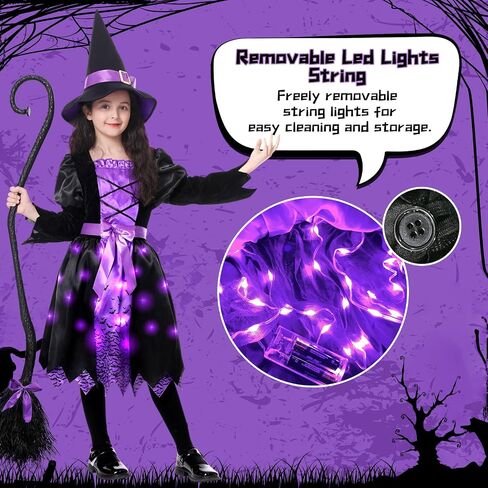 Light Up Halloween Girls Witch Costume, Toddler Witch Dress Set with Hat and Broom, Kids Costumes for Halloween Party in Saudi Arabia