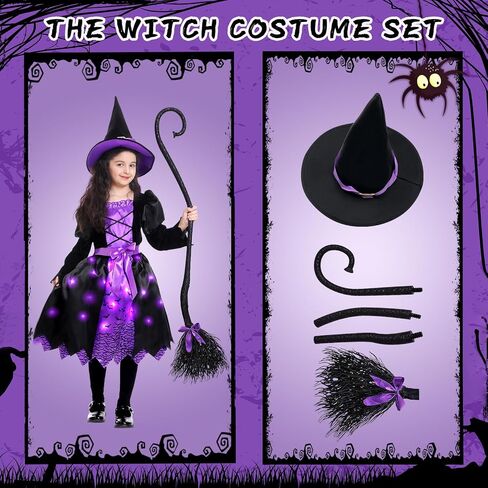 Light Up Halloween Girls Witch Costume, Toddler Witch Dress Set with Hat and Broom, Kids Costumes for Halloween Party in Saudi Arabia