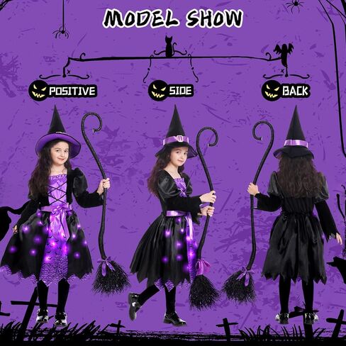 Light Up Halloween Girls Witch Costume, Toddler Witch Dress Set with Hat and Broom, Kids Costumes for Halloween Party in Saudi Arabia