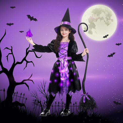 Light Up Halloween Girls Witch Costume, Toddler Witch Dress Set with Hat and Broom, Kids Costumes for Halloween Party in Saudi Arabia