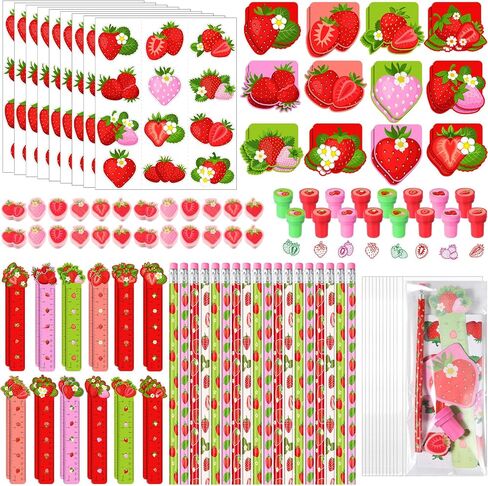cholemy 168 PCS Frrawberry Party Favors Supplies Stationery Set Notebook Standser Stamper Eraser Ruler Pencil Bag for Strawberry Baby Birthday Party Gift Ristroom Afrack in Saudi Arabia