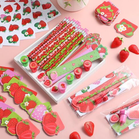cholemy 168 PCS Frrawberry Party Favors Supplies Stationery Set Notebook Standser Stamper Eraser Ruler Pencil Bag for Strawberry Baby Birthday Party Gift Ristroom Afrack in Saudi Arabia
