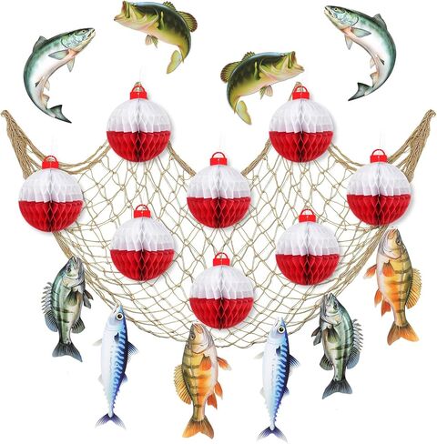 Gone Fishing Party Decorations Set Includes Bobber Honeycomb Balls Cute Cardstock Photo Prop Fish Net Decorations Party Banner for Fishing Birthday Table Dessert Supply in Saudi Arabia
