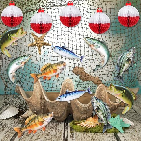 Gone Fishing Party Decorations Set Includes Bobber Honeycomb Balls Cute Cardstock Photo Prop Fish Net Decorations Party Banner for Fishing Birthday Table Dessert Supply in Saudi Arabia