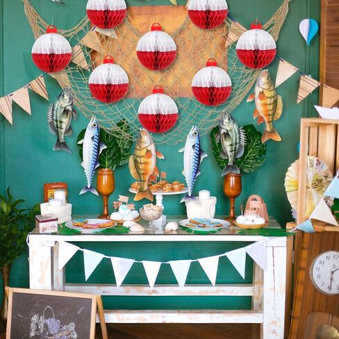 Gone Fishing Party Decorations Set Includes Bobber Honeycomb Balls Cute Cardstock Photo Prop Fish Net Decorations Party Banner for Fishing Birthday Table Dessert Supply in Saudi Arabia