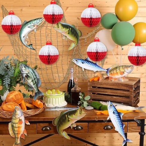 Gone Fishing Party Decorations Set Includes Bobber Honeycomb Balls Cute Cardstock Photo Prop Fish Net Decorations Party Banner for Fishing Birthday Table Dessert Supply in Saudi Arabia
