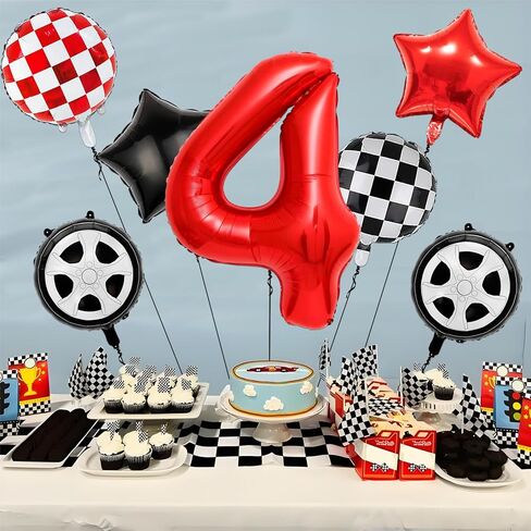 7pcs سباق البالونات للسيارات - 40 بوصة أحمر رقم 1 بالونات - البالونات الإطارات مايلار لزخارف حفلة عيد الميلاد الأولى - زينة حفلة عيد ميلاد سيارة العرق in Kuwait