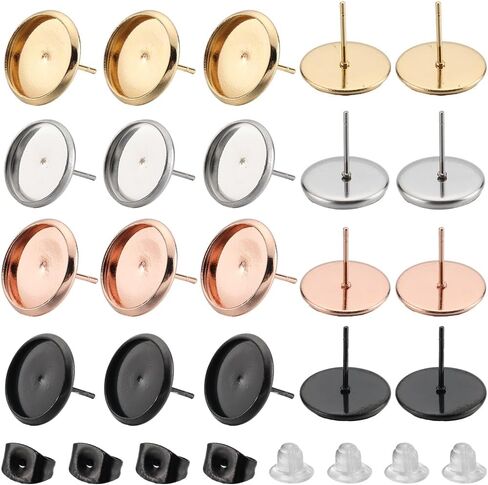 SUNNYCLUE 1 Box 40Pcs 4 Colors 12mm Earring Blank Studs Resin Stud Earrings Bezel Tray Cabochon Setting with 50Pcs Silicone Ear Nuts Stainless Steel Earring Posts for Jewelry Making Earrings Supplies in Saudi Arabia