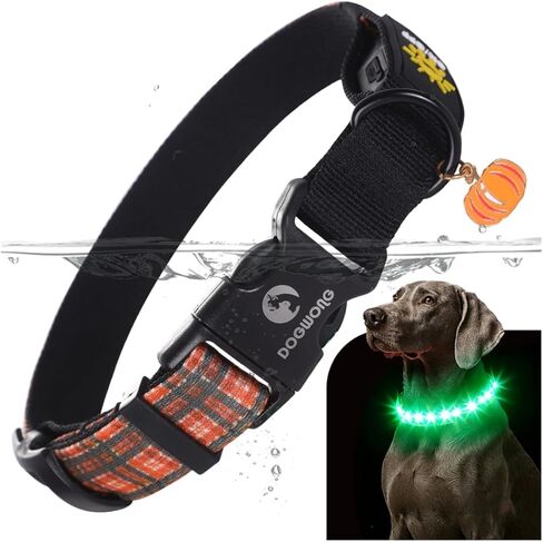 DOGWONG LED Dog Collar - Fall Orange Plaid Heavy Duty Light up Dog Collars - Rechargeable Waterproof - Lighted Dog Collars for Night Walking, Hiking, Camping(Orange Plaid,L) in Saudi Arabia