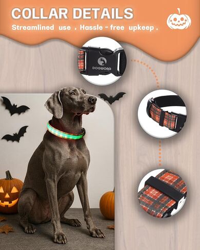 DOGWONG LED Dog Collar - Fall Orange Plaid Heavy Duty Light up Dog Collars - Rechargeable Waterproof - Lighted Dog Collars for Night Walking, Hiking, Camping(Orange Plaid,L) in Saudi Arabia