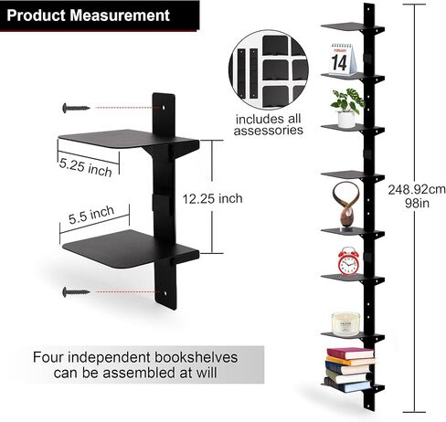 أرفف كتب عائمة باللون الأسود محددة - رف كتب عائم غير مرئي للجدار - أرفف كتب حائطية من 8 طبقات، برج كتب عمودي للعمود الفقري، منظمات كتب معدنية شديدة التحمل للمنزل والمكتب وغرفة المعيشة، حزمة من 4. in Kuwait
