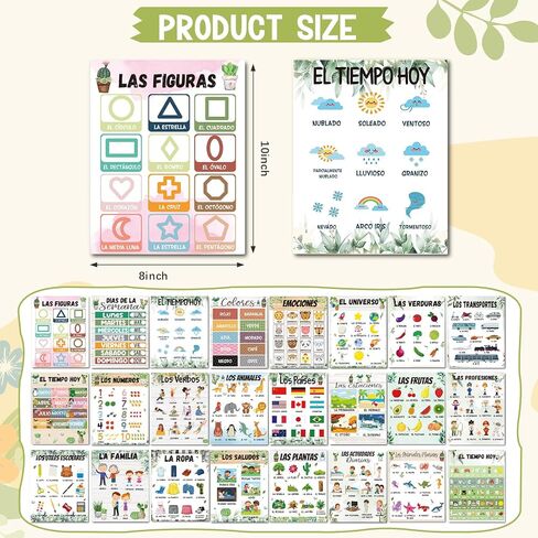 Amsoingspark 24 PCS ملصقات إسبانية للفصول الدراسية 8 × 10 بوصة مغلفة الإسبانية ديكور ديكور ملصق تعليمي الابتدائية لدكمة الجدار المدرسي للدرس (قوس قزح) in Saudi Arabia