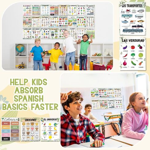 Amsoingspark 24 PCS ملصقات إسبانية للفصول الدراسية 8 × 10 بوصة مغلفة الإسبانية ديكور ديكور ملصق تعليمي الابتدائية لدكمة الجدار المدرسي للدرس (قوس قزح) in Saudi Arabia