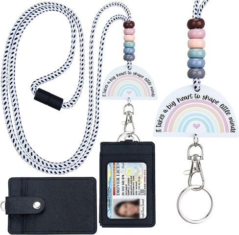ABAMERICA Teacher Lanyards for Id Badges and Keys, Cute Beaded Lanyards for Women with Keychain and Leather Holder of 4 Card Slots, Comfortable, Detachable, Unique Designs from USA in Kuwait