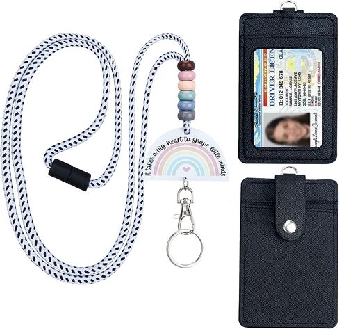 ABAMERICA Teacher Lanyards for Id Badges and Keys, Cute Beaded Lanyards for Women with Keychain and Leather Holder of 4 Card Slots, Comfortable, Detachable, Unique Designs from USA in Kuwait