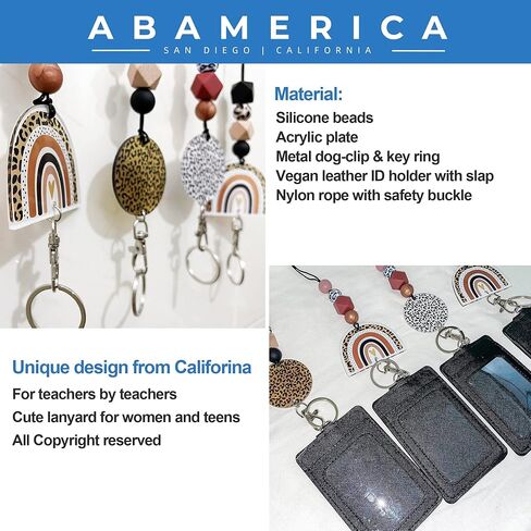 ABAMERICA Teacher Lanyards for Id Badges and Keys, Cute Beaded Lanyards for Women with Keychain and Leather Holder of 4 Card Slots, Comfortable, Detachable, Unique Designs from USA in Kuwait