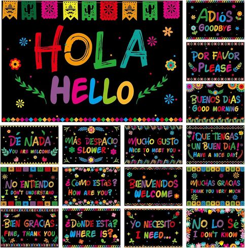 WATINC Spanish Words Phrases Poster - 16pcs Spanish Posters Set Classroom Decorations, Preschool Bilingual Study Learning Materials Teacher Supplies, Educational Language Bulletin Board (Black Scrawl) in Saudi Arabia