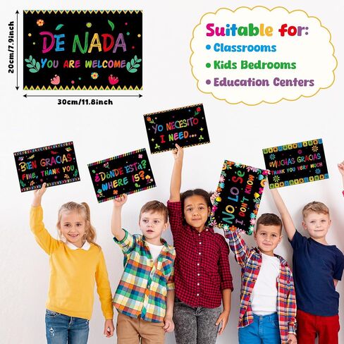 WATINC Spanish Words Phrases Poster - 16pcs Spanish Posters Set Classroom Decorations, Preschool Bilingual Study Learning Materials Teacher Supplies, Educational Language Bulletin Board (Black Scrawl) in Saudi Arabia