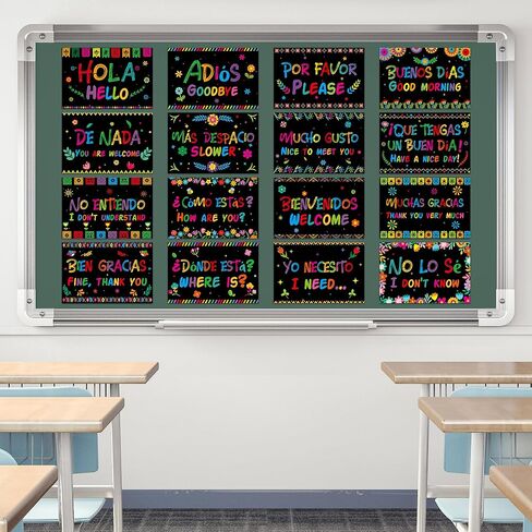 WATINC Spanish Words Phrases Poster - 16pcs Spanish Posters Set Classroom Decorations, Preschool Bilingual Study Learning Materials Teacher Supplies, Educational Language Bulletin Board (Black Scrawl) in Saudi Arabia