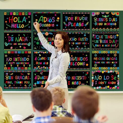 WATINC Spanish Words Phrases Poster - 16pcs Spanish Posters Set Classroom Decorations, Preschool Bilingual Study Learning Materials Teacher Supplies, Educational Language Bulletin Board (Black Scrawl) in Saudi Arabia