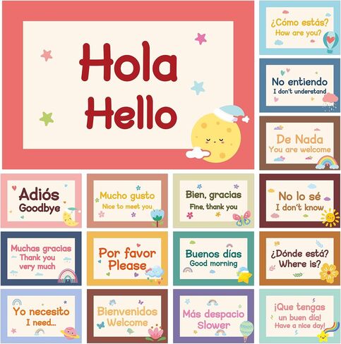 عبارات Watinc Spanish Poster - 16pcs ملصقات إسبانية تم تعيين زينة الفصل الدراسي ، مرحلة ما قبل المدرسة دراسة المواد التعليمية لوازم المعلم ، لوحة إعلانات اللغة التعليمية (ملونة) in Saudi Arabia